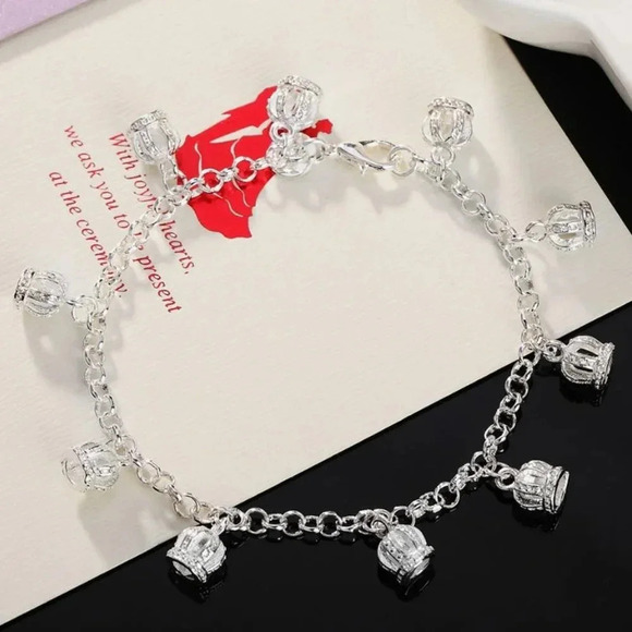 925 Sterling Silver Dainty Crown Charm Bracelet Silver Link Bracelet - Picture 2 of 4